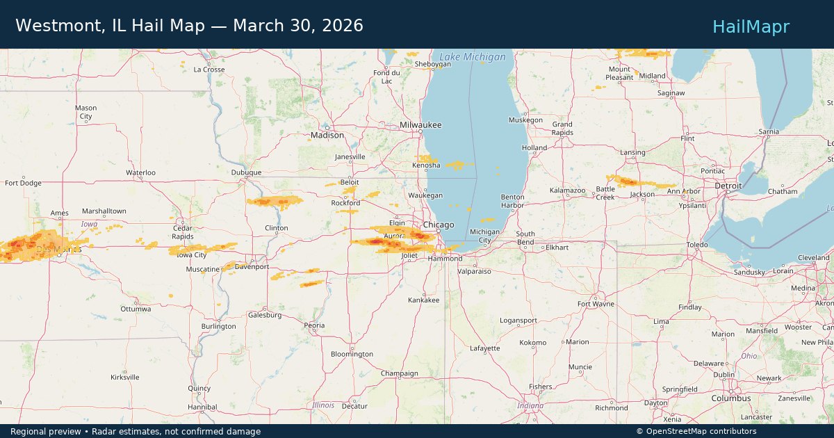 Westmont, IL Hail Map — March 30, 2026 — regional heatmap and storm polygons