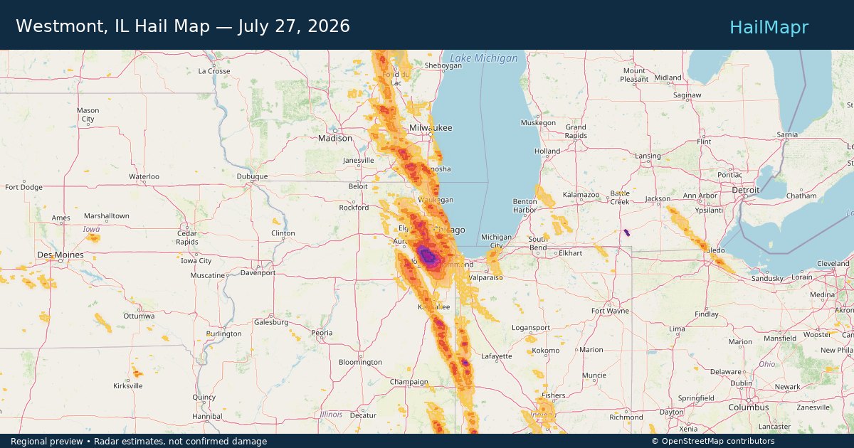Westmont, IL Hail Map — July 27, 2026 — regional heatmap and storm polygons