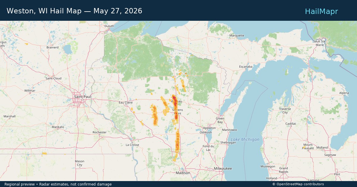Weston, WI Hail Map — May 27, 2026 — regional heatmap and storm polygons