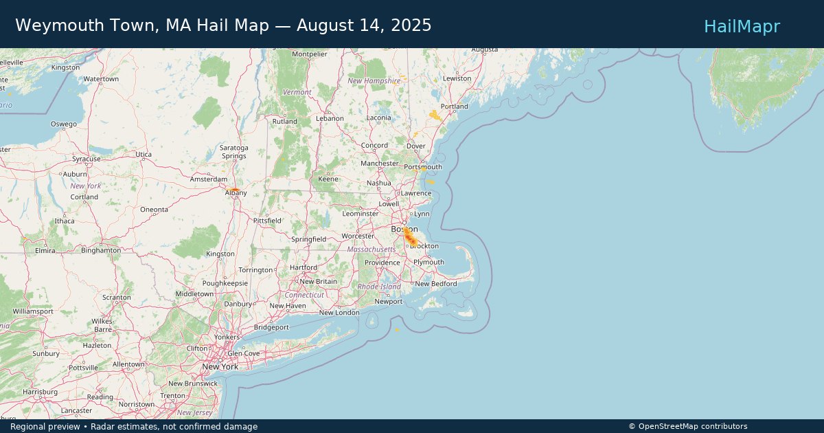 Weymouth Town, MA Hail Map — August 14, 2025 — regional heatmap and storm polygons