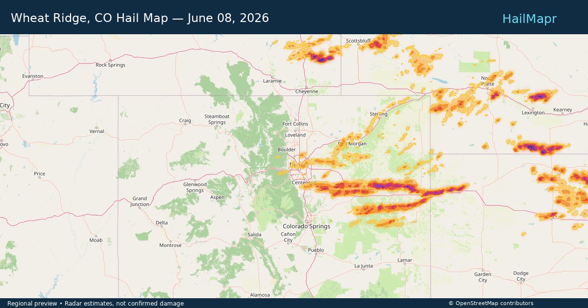 Wheat Ridge, CO Hail Map — June 08, 2026 — regional heatmap and storm polygons