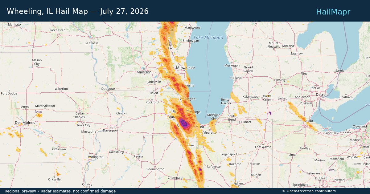 Wheeling, IL Hail Map — July 27, 2026 — regional heatmap and storm polygons