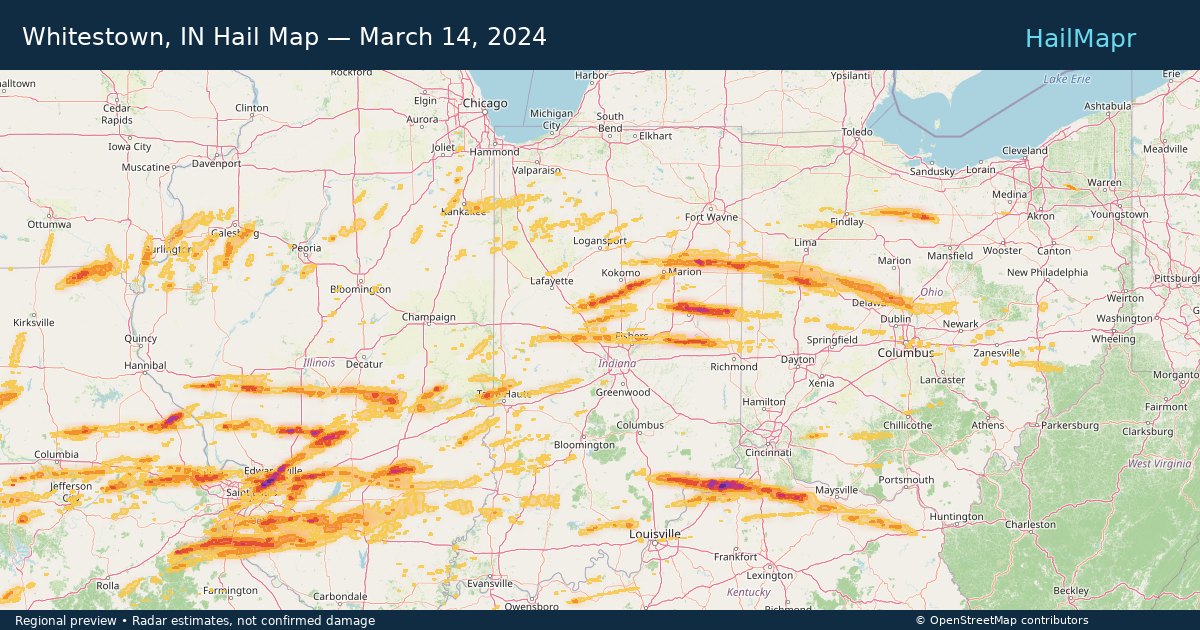 Whitestown, IN Hail Map — March 14, 2024 — regional heatmap and storm polygons