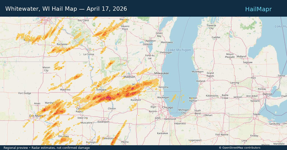 Whitewater, WI Hail Map — April 17, 2026 — regional heatmap and storm polygons