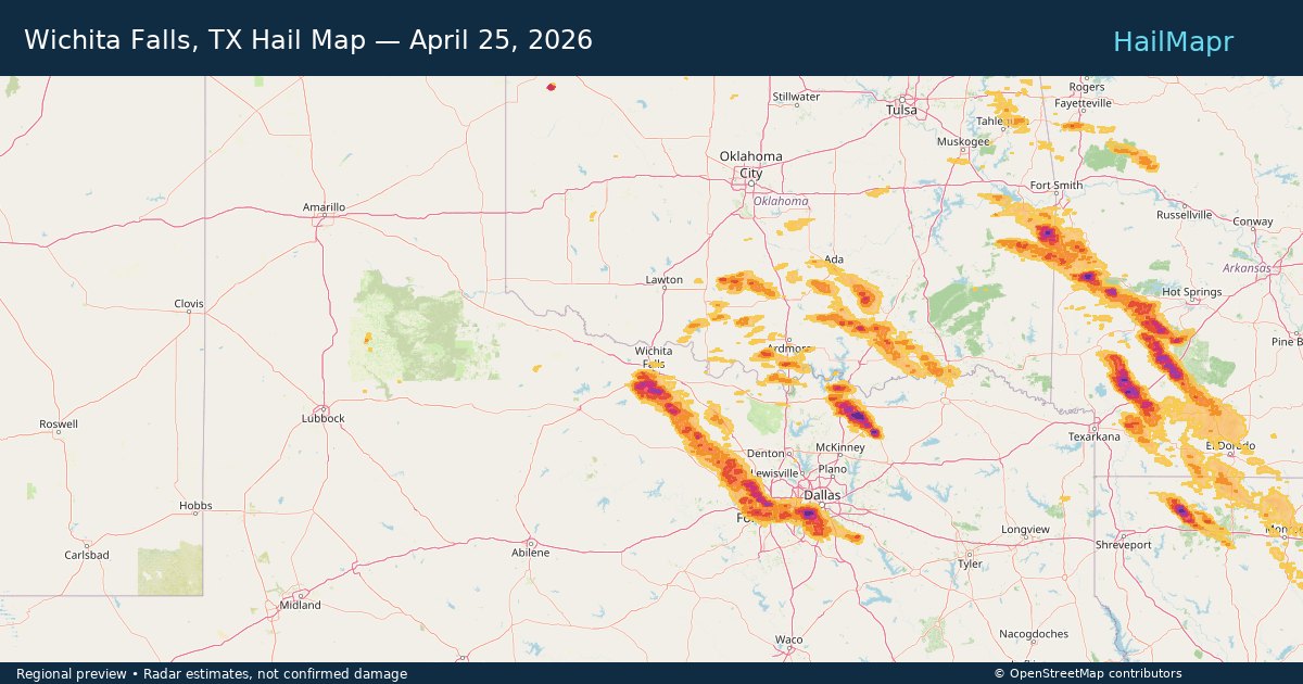 Wichita Falls, TX Hail Map — April 25, 2026 — regional heatmap and storm polygons