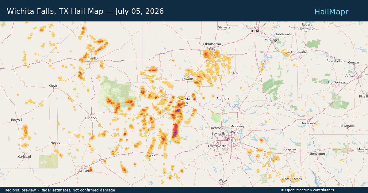 Wichita Falls, TX Hail Map — July 05, 2026 — regional heatmap and storm polygons
