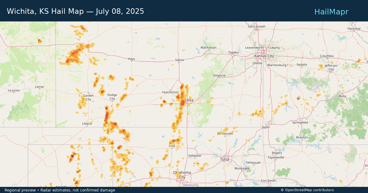 Wichita, KS Hail Map — July 08, 2025 — regional heatmap and storm polygons