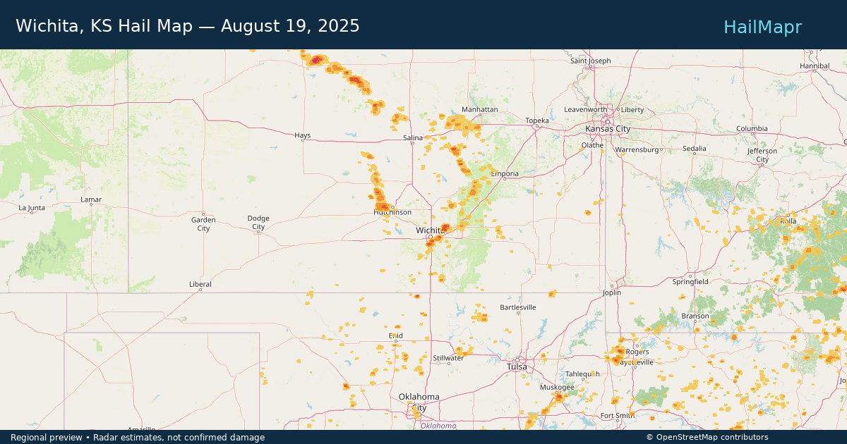 Wichita, KS Hail Map — August 19, 2025 — regional heatmap and storm polygons