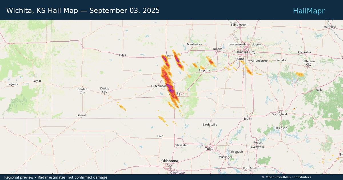 Wichita, KS Hail Map — September 03, 2025 — regional heatmap and storm polygons