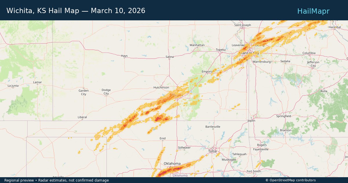 Wichita, KS Hail Map — March 10, 2026 — regional heatmap and storm polygons