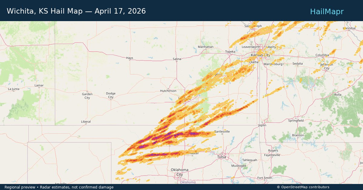 Wichita, KS Hail Map — April 17, 2026 — regional heatmap and storm polygons