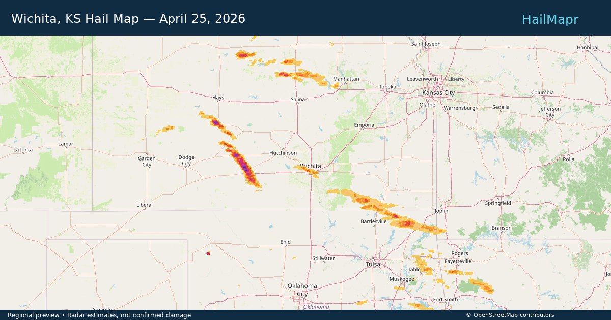 Wichita, KS Hail Map — April 25, 2026 — regional heatmap and storm polygons