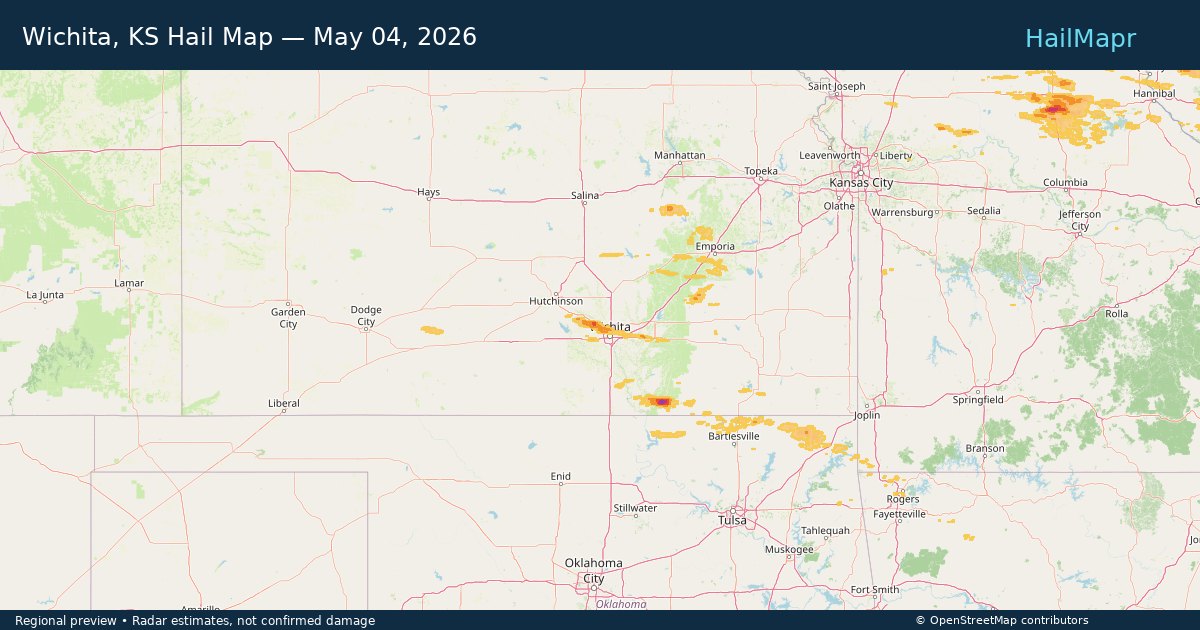 Wichita, KS Hail Map — May 04, 2026 — regional heatmap and storm polygons