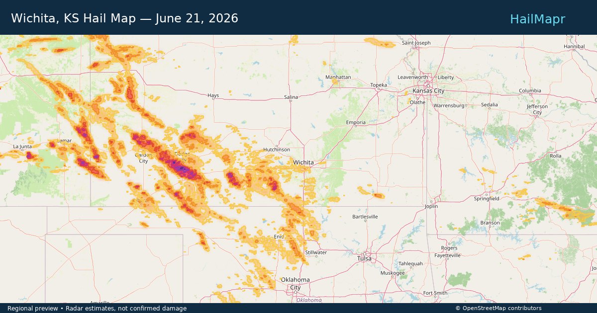 Wichita, KS Hail Map — June 21, 2026 — regional heatmap and storm polygons