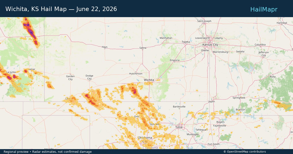 Wichita, KS Hail Map — June 22, 2026 — regional heatmap and storm polygons