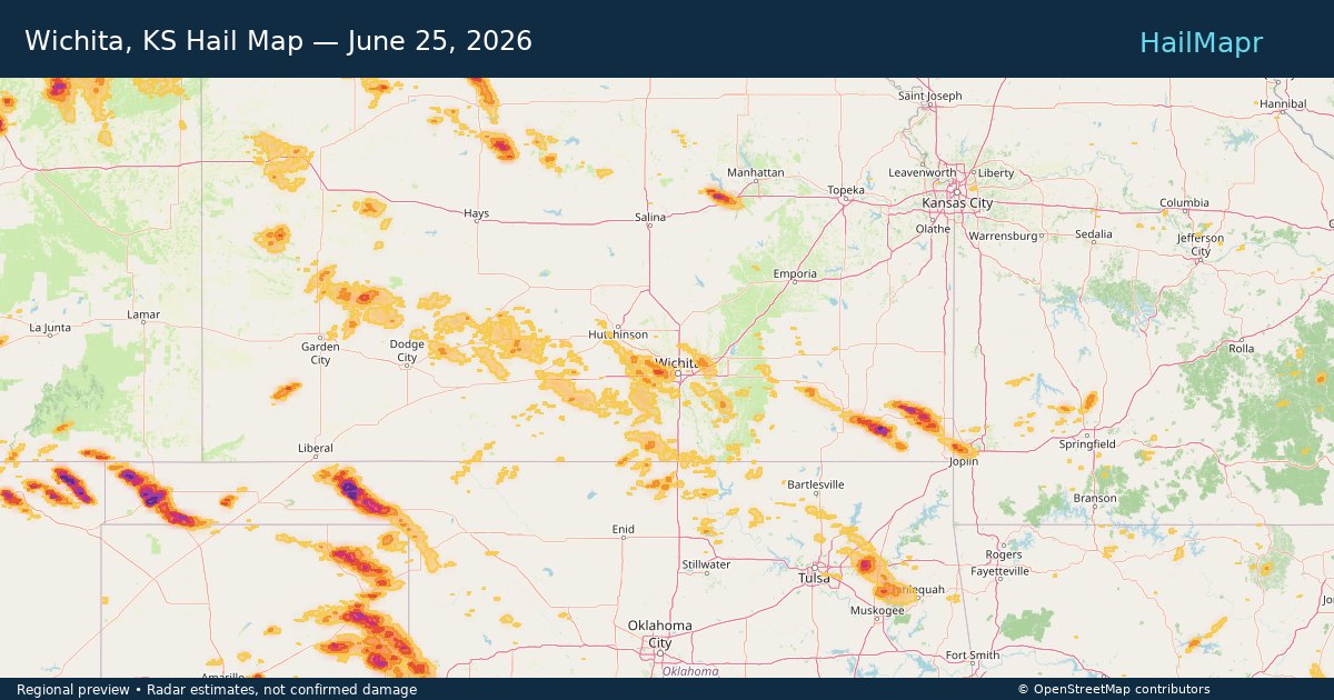 Wichita, KS Hail Map — June 25, 2026 — regional heatmap and storm polygons