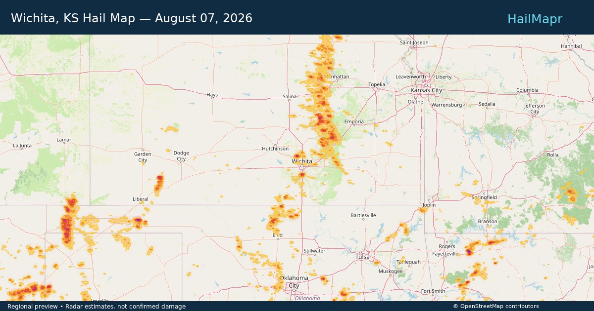 Wichita, KS Hail Map — August 07, 2026 — regional heatmap and storm polygons