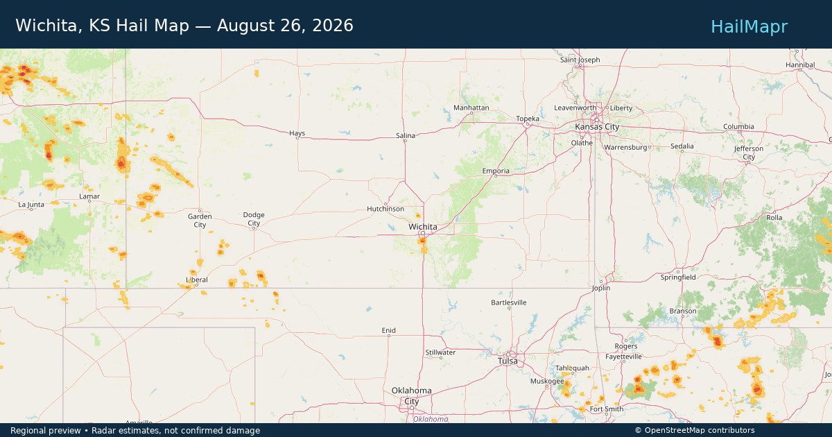 Wichita, KS Hail Map — August 26, 2026 — regional heatmap and storm polygons