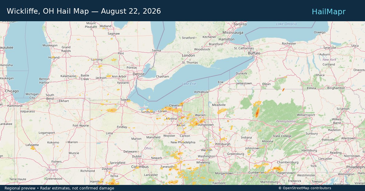 Wickliffe, OH Hail Map — August 22, 2026 — regional heatmap and storm polygons