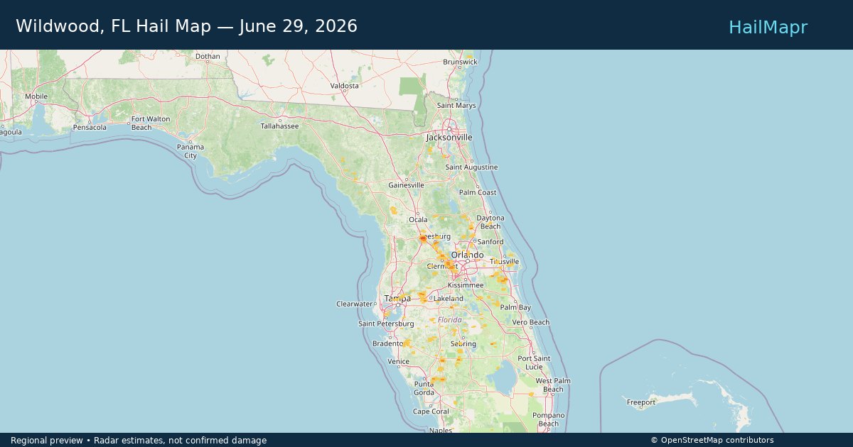 Wildwood, FL Hail Map — June 29, 2026 — regional heatmap and storm polygons