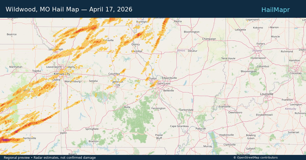 Wildwood, MO — April 17, 2026 — regional hail footprint preview