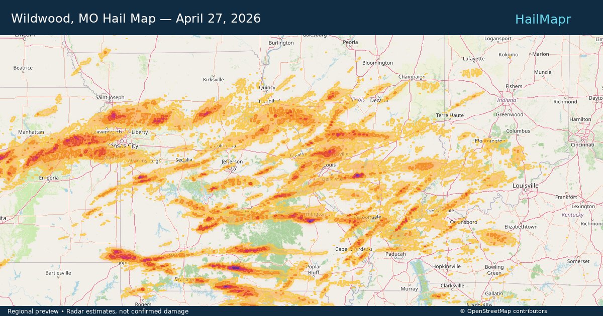 Wildwood, MO Hail Map — April 27, 2026 — regional heatmap and storm polygons