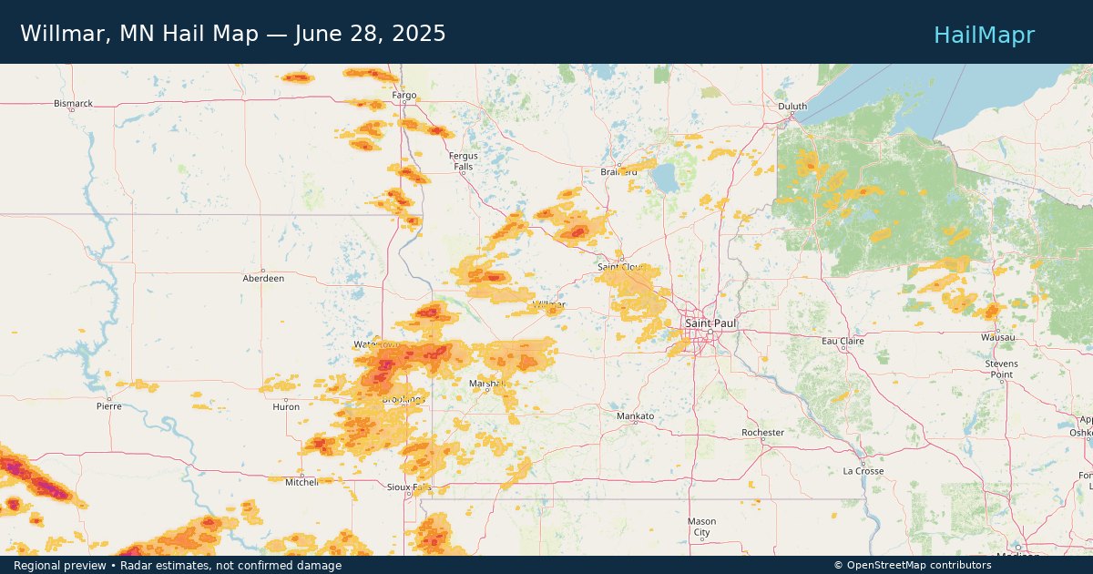 Willmar, MN Hail Map — June 28, 2025 — regional heatmap and storm polygons