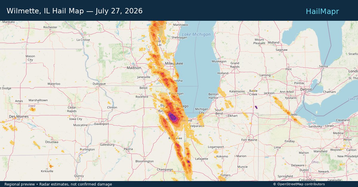 Wilmette, IL Hail Map — July 27, 2026 — regional heatmap and storm polygons