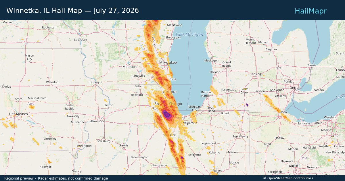 Winnetka, IL Hail Map — July 27, 2026 — regional heatmap and storm polygons