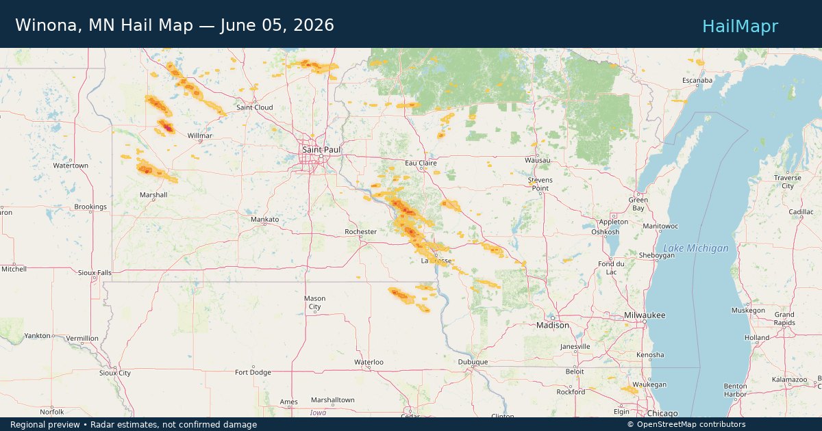 Winona, MN Hail Map — June 05, 2026 — regional heatmap and storm polygons