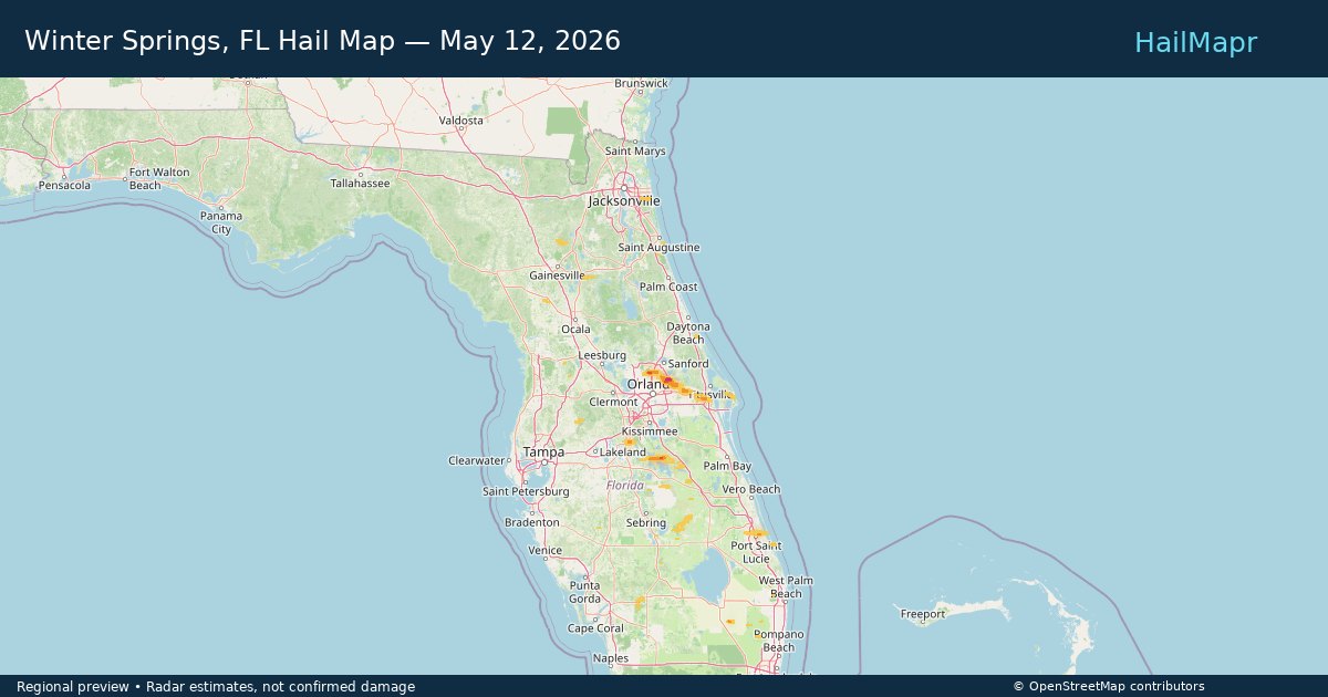 Winter Springs, FL Hail Map — May 12, 2026 — regional heatmap and storm polygons