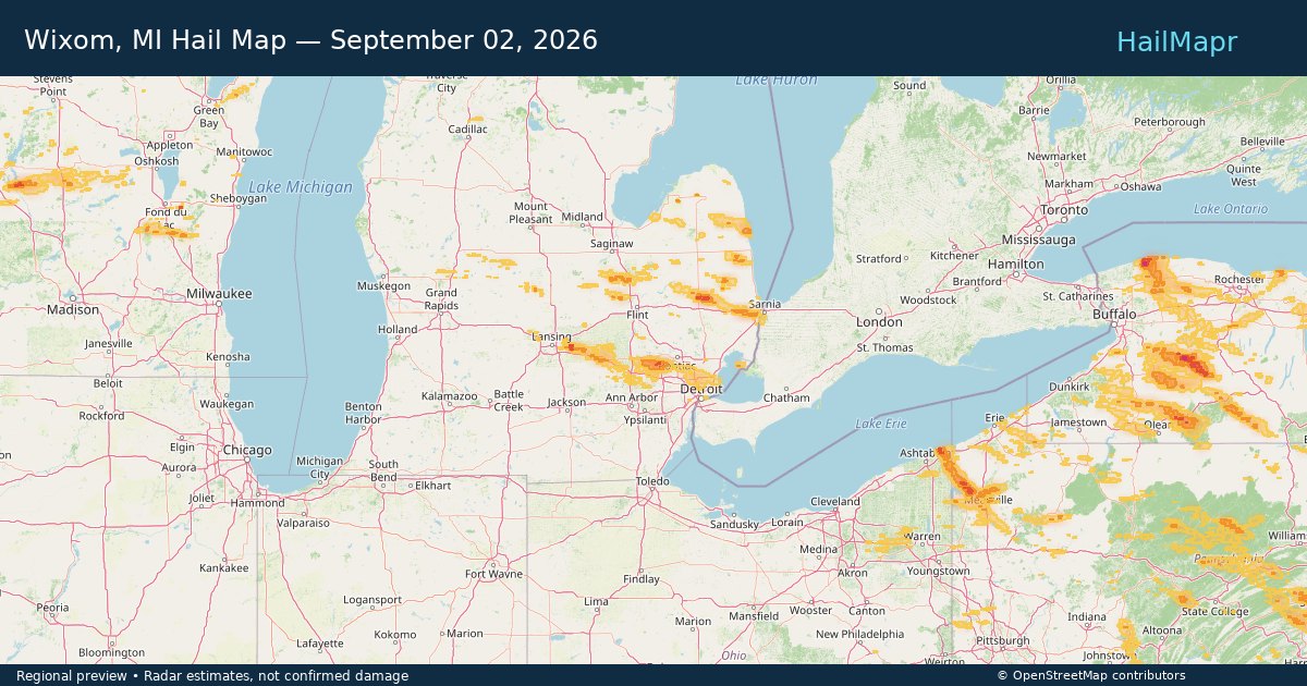 Wixom, MI Hail Map — September 02, 2026 — regional heatmap and storm polygons
