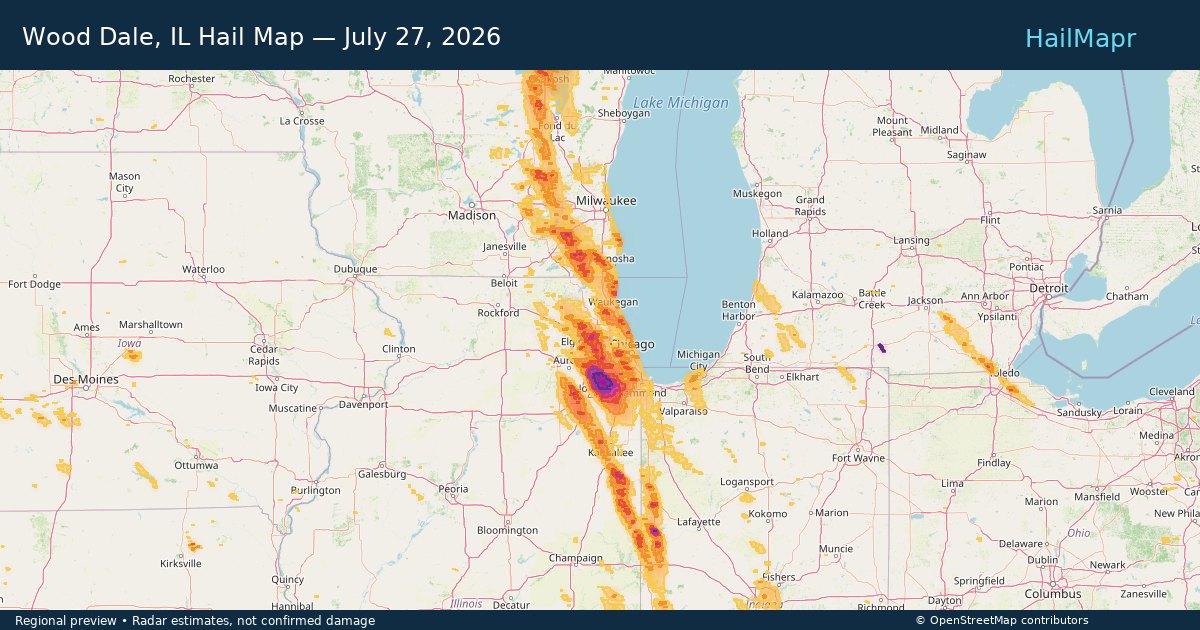 Wood Dale, IL Hail Map — July 27, 2026 — regional heatmap and storm polygons