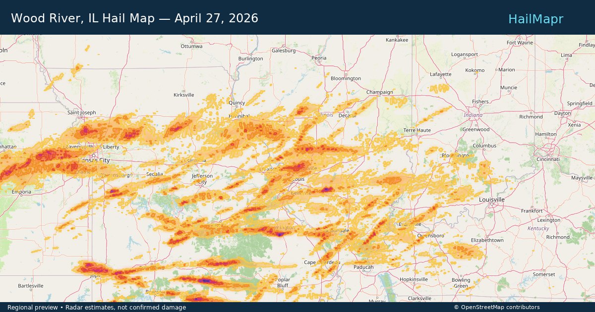Wood River, IL Hail Map — April 27, 2026 — regional heatmap and storm polygons