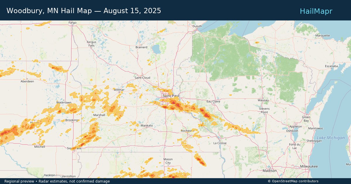 Woodbury, MN Hail Map — August 15, 2025 — regional heatmap and storm polygons