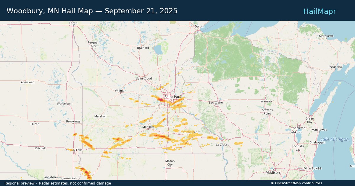 Woodbury, MN Hail Map — September 21, 2025 — regional heatmap and storm polygons