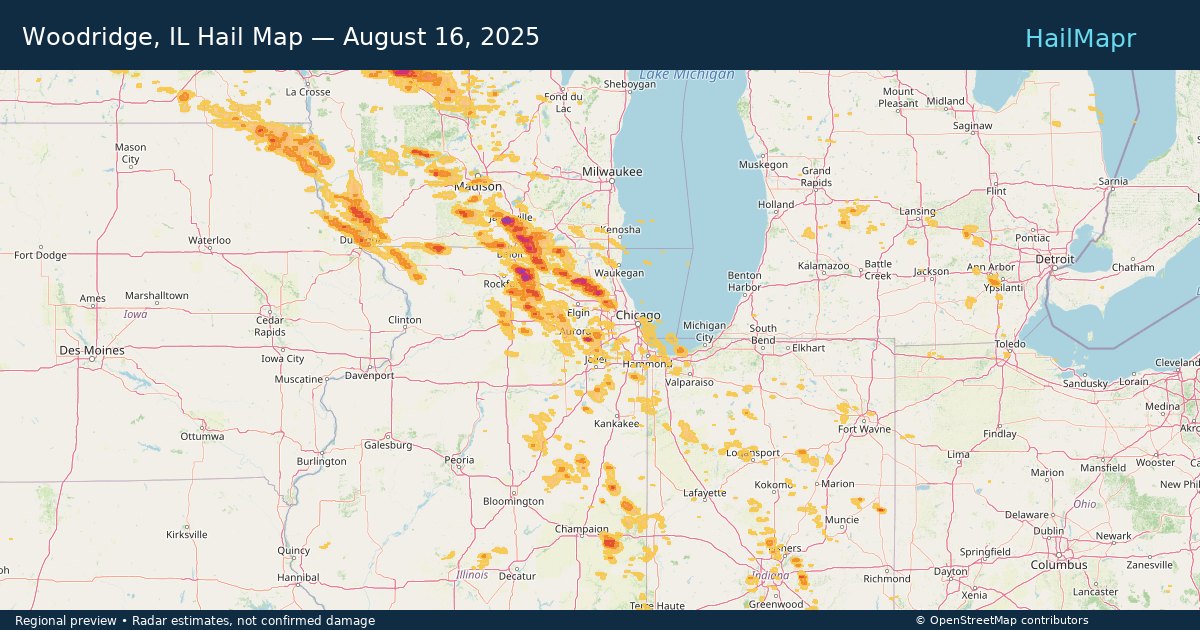 Woodridge, IL Hail Map — August 16, 2025 — regional heatmap and storm polygons