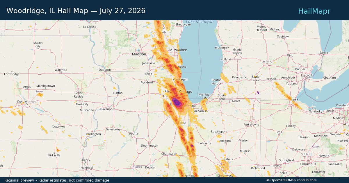 Woodridge, IL Hail Map — July 27, 2026 — regional heatmap and storm polygons