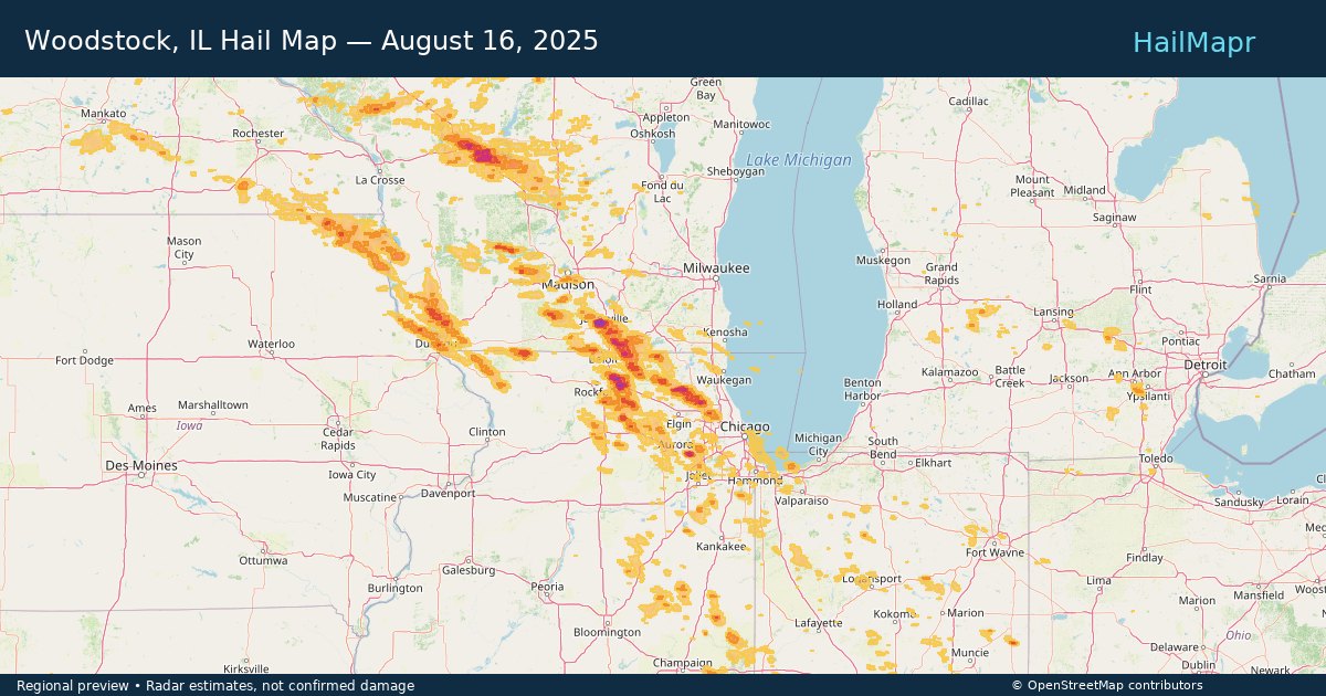Woodstock, IL Hail Map — August 16, 2025 — regional heatmap and storm polygons