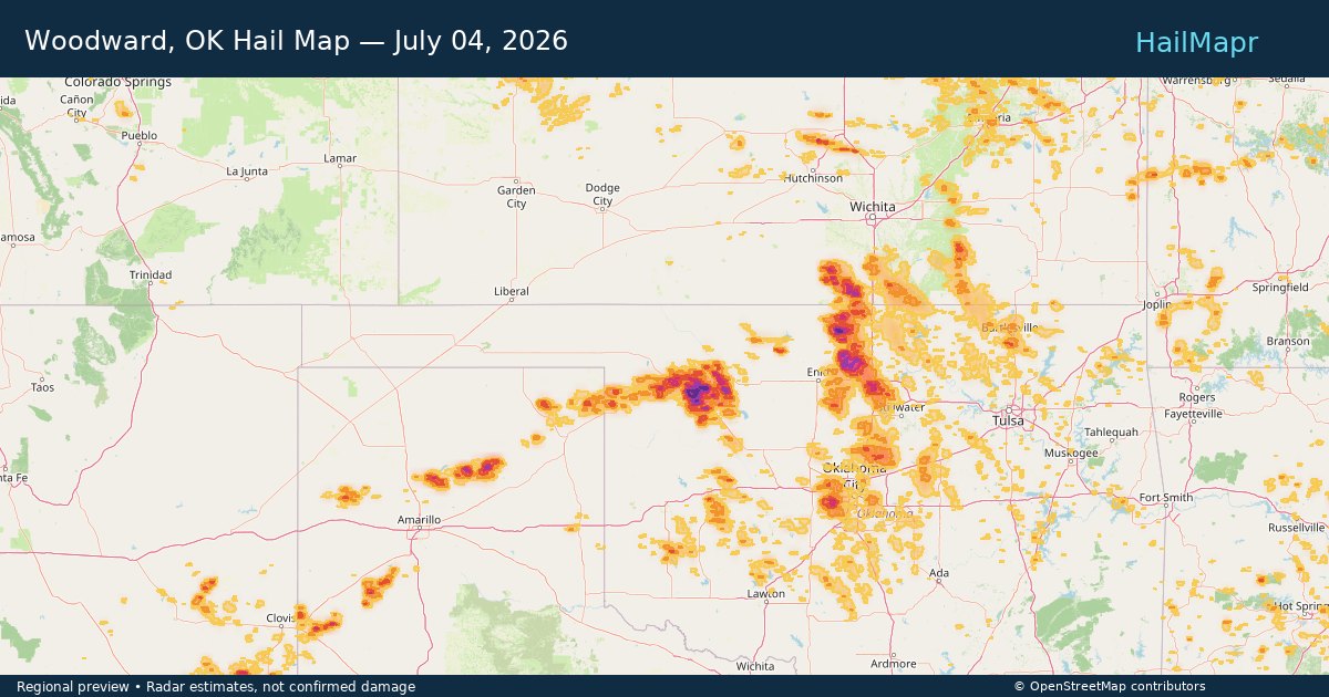 Woodward, OK — July 04, 2026 — regional hail footprint preview