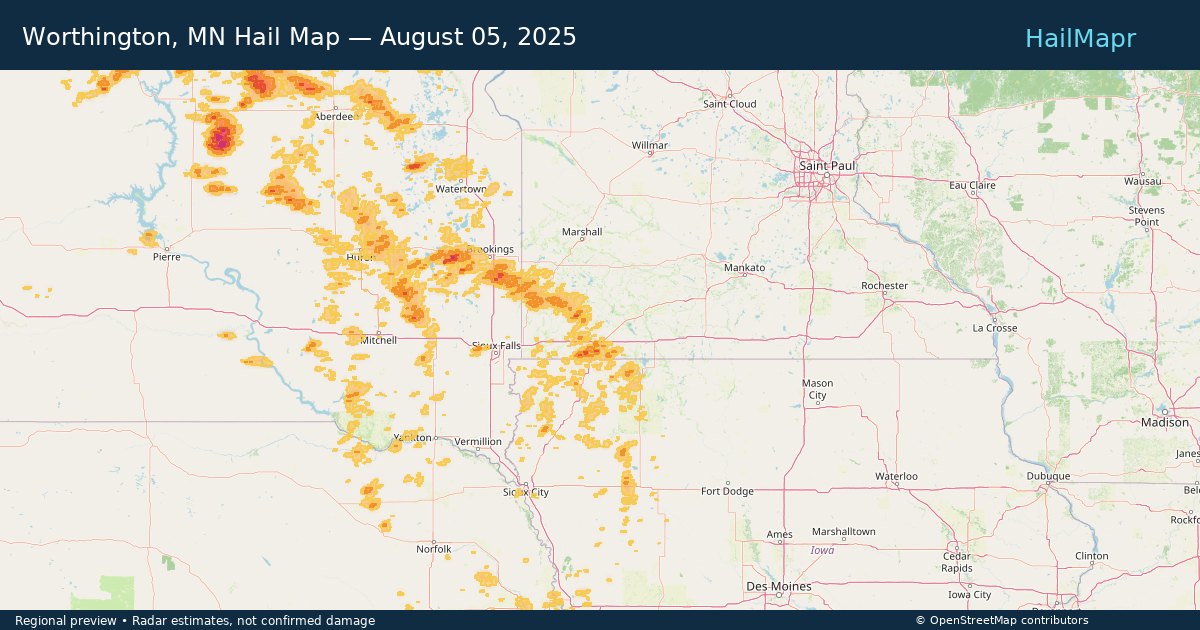 Worthington, MN Hail Map — August 05, 2025 — regional heatmap and storm polygons