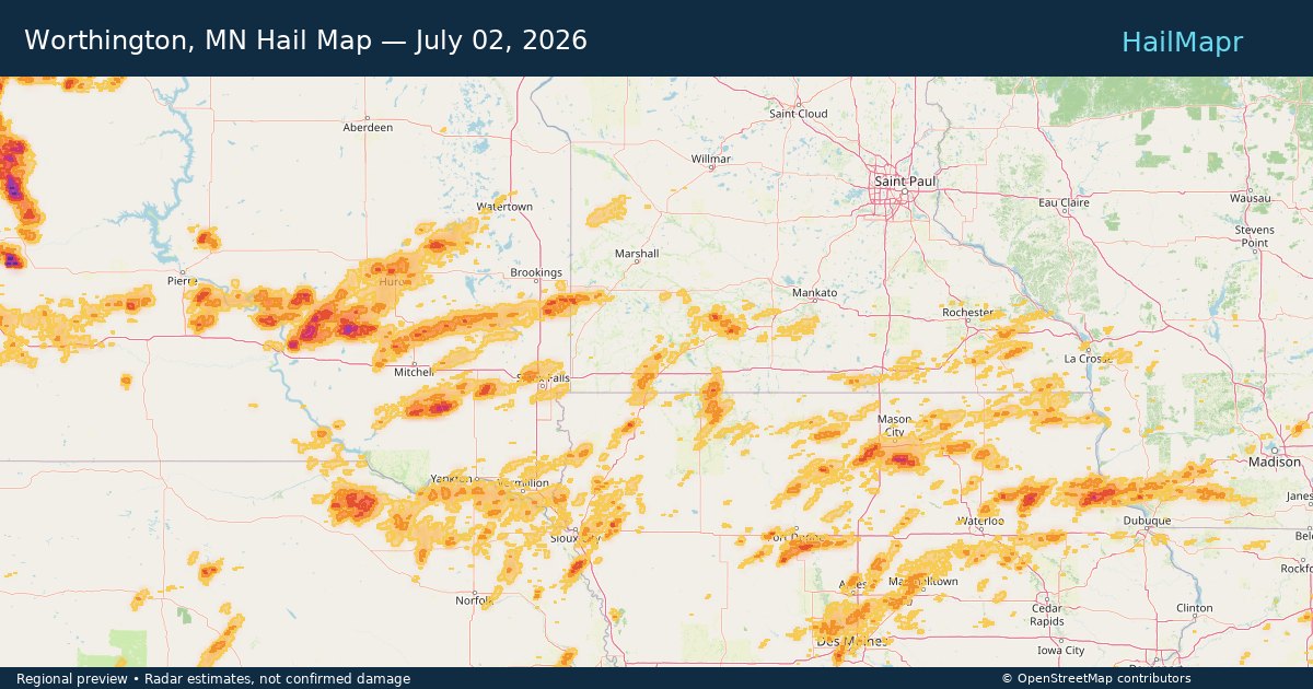 Worthington, MN Hail Map — July 02, 2026 — regional heatmap and storm polygons