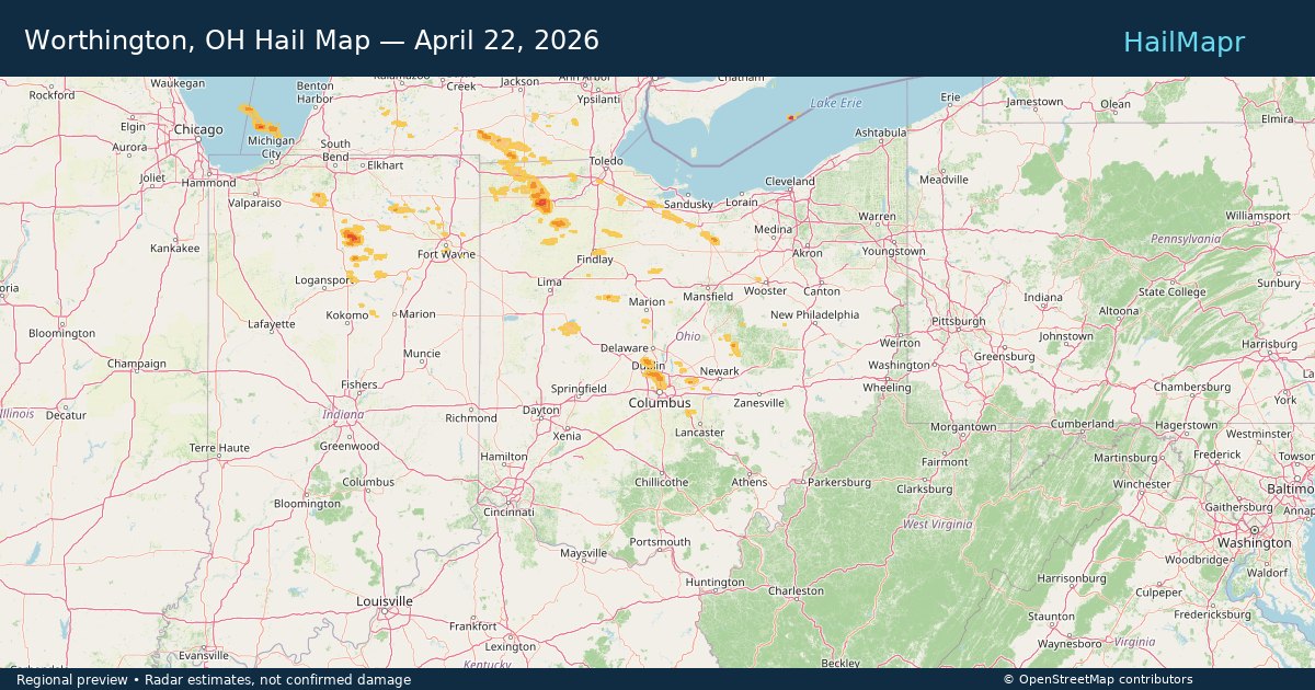 Worthington, OH Hail Map — April 22, 2026 — regional heatmap and storm polygons
