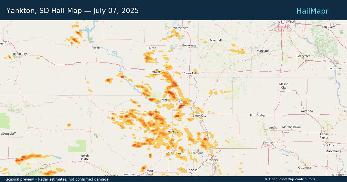 Yankton, SD Hail Map — July 07, 2025 — regional heatmap and storm polygons