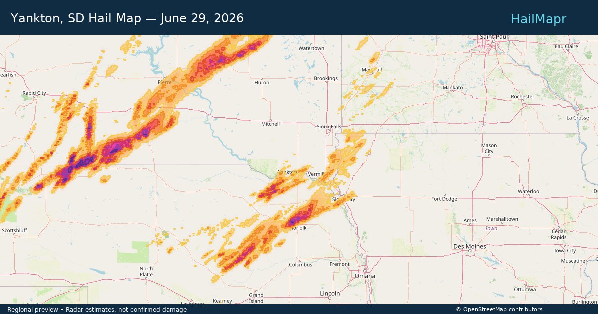 Yankton, SD Hail Map — June 29, 2026 — regional heatmap and storm polygons
