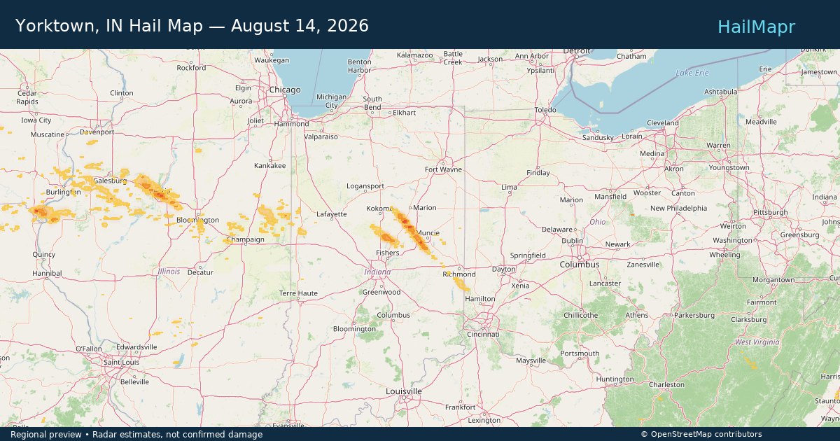 Yorktown, IN Hail Map — August 14, 2026 — regional heatmap and storm polygons
