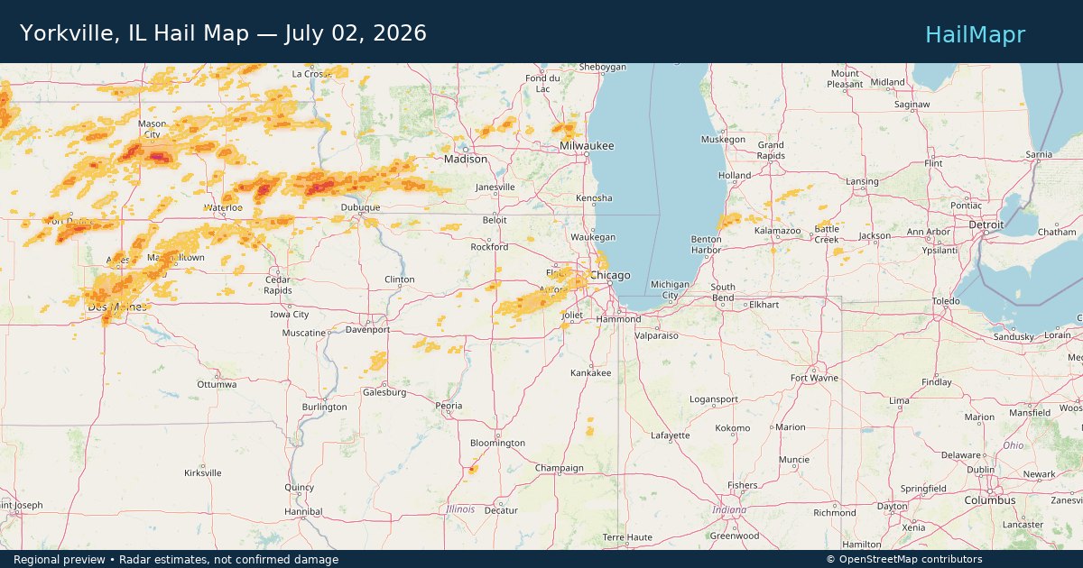 Yorkville, IL Hail Map — July 02, 2026 — regional heatmap and storm polygons