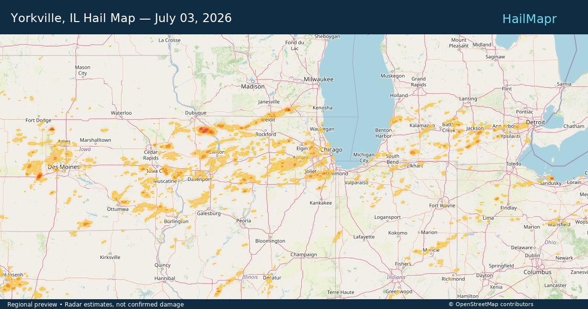 Yorkville, IL Hail Map — July 03, 2026 — regional heatmap and storm polygons