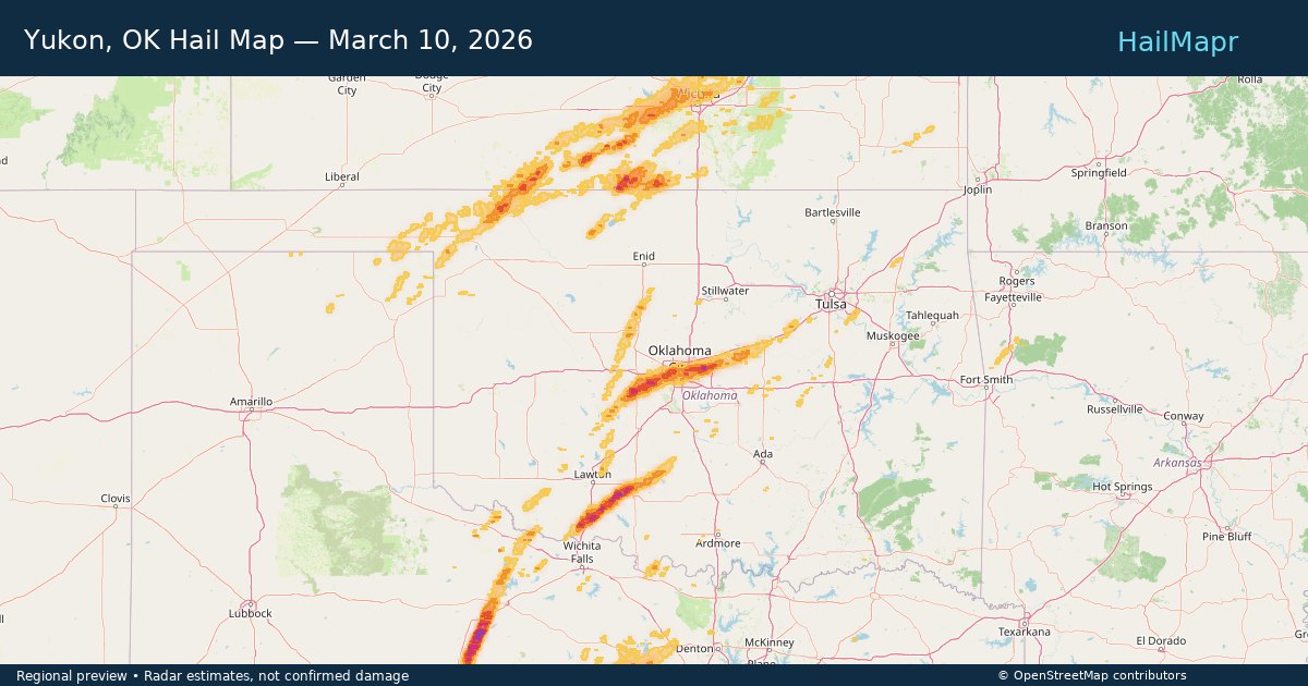 Yukon, OK Hail Map — March 10, 2026 — regional heatmap and storm polygons