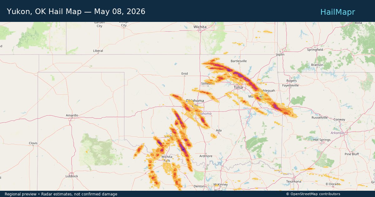 Yukon, OK Hail Map — May 08, 2026 — regional heatmap and storm polygons